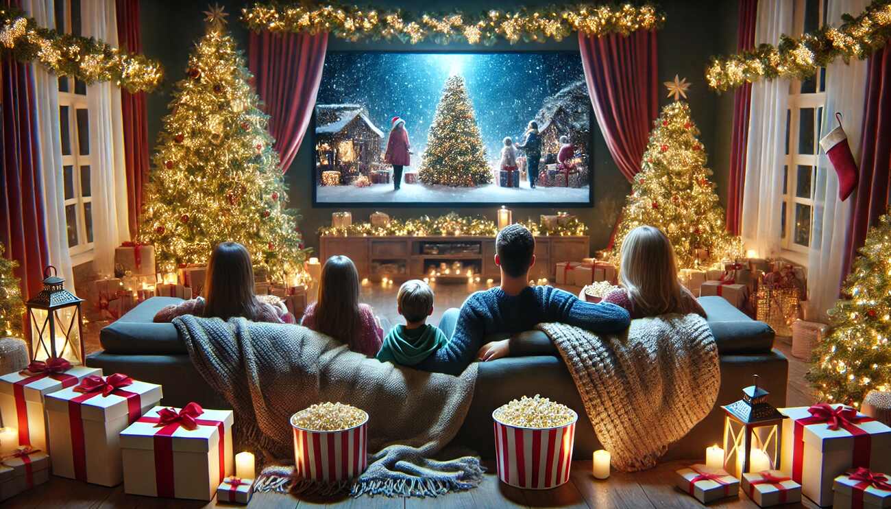 Χριστούγεννα στο Σπίτι: 5 Δημιουργικές και Οικονομικές Ιδέες για Παιδιά 4-12 Ετών! - Χριστούγεννα στο σπίτι: Οικογένεια απολαμβάνει Χριστουγεννιάτικες ταινίες στο μίνι σινεμά στο σπίτι, με ποπ κορν και Χριστουγεννιάτικη ατμόσφαιρα.